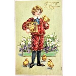 1908 Antique Vintage A Merry Easter Peeps Greetings Holiday Post card Posted